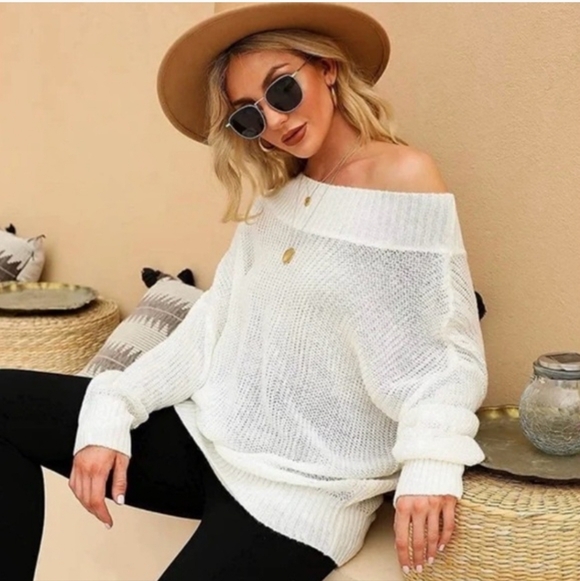 Cozy Women's Off-Shoulder Cream Sweater - Picture 2 of 11